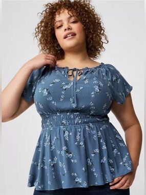 NWT Torrid Babydoll Washable Gauze Short Sleeve Top Size 00 M/L Blue Floral